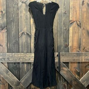 Anthropologie Cropped Jumpsuit XS Wide Leg‎ Belted Black Gauzy Boho Dressy Flowy